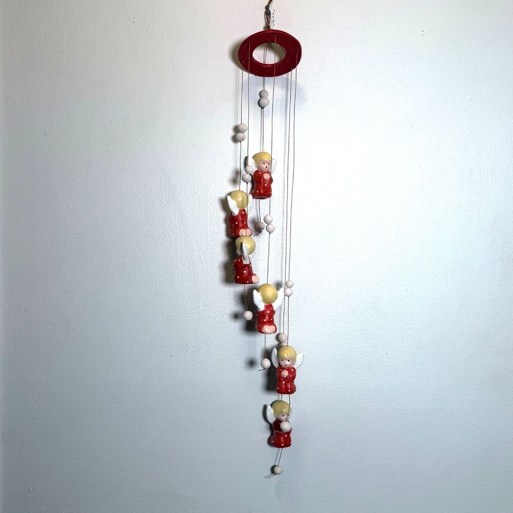 Ceramic Christmas Angel Hanging Mobile 6 Angels Red Polka Dot Holiday Decor